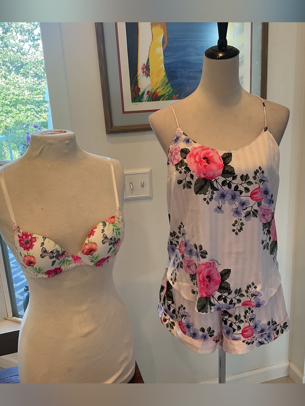 Victoria’s Secret Floral Pink Striped Satin Cami & Short & Bra Sleep Set